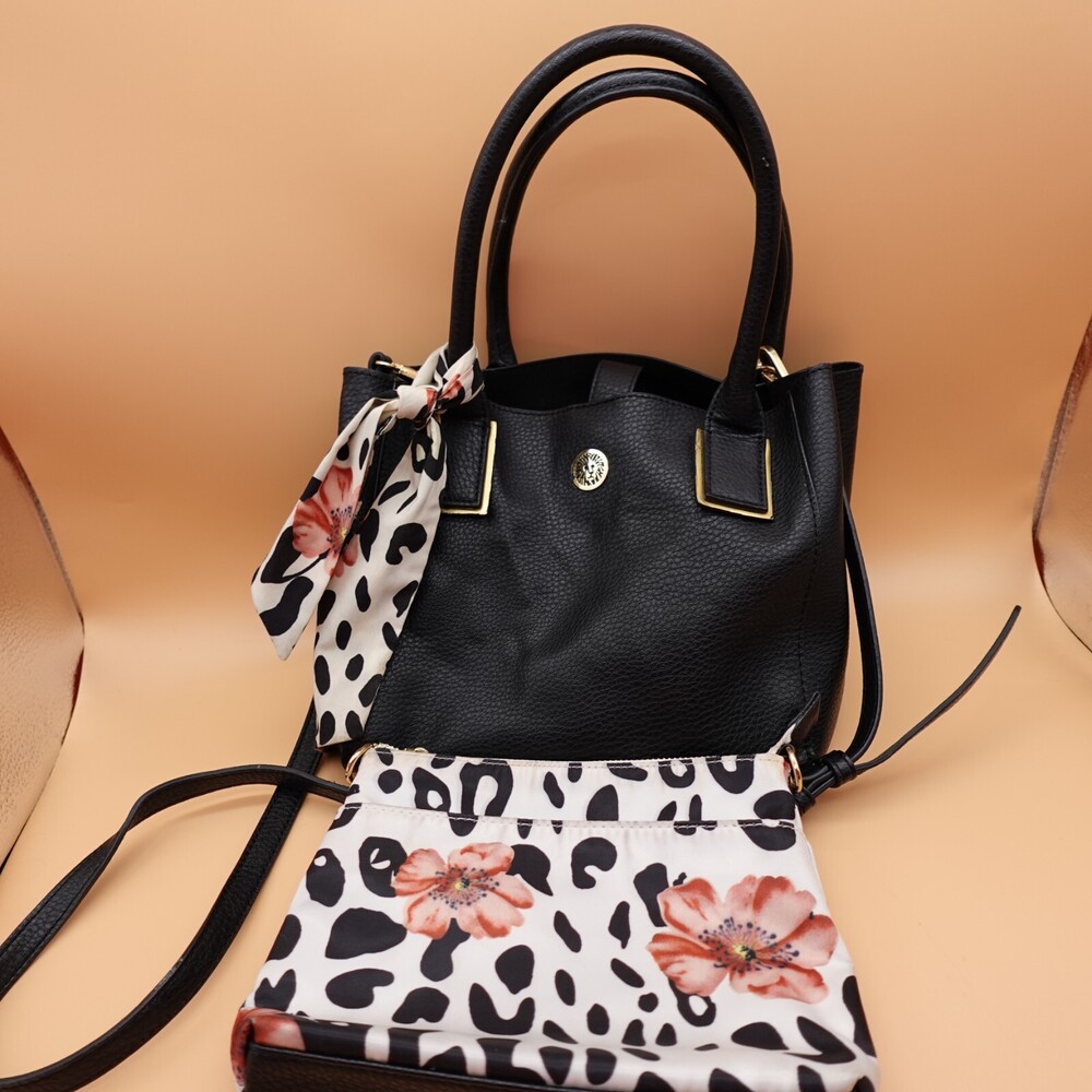 Anne Klein Purse Handbag Crossbody Black Floral Print Pouch Scarf